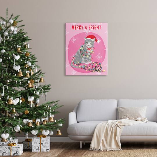 Stupell Industries Merry & Bright Christmas Cat Lights Canvas Wall Art